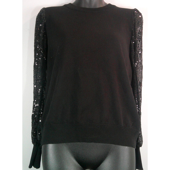 Zac & Rachel Petite Medium Black Long Sleeve Crew Neck Sequin Mesh Sleeves Style - Picture 1 of 7